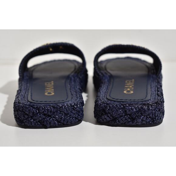 Chanel 21C Navy Blue Cord Gold Chain CC Logo Mule Slide Slip On Sandal Flat 37 - Picture 11 of 12